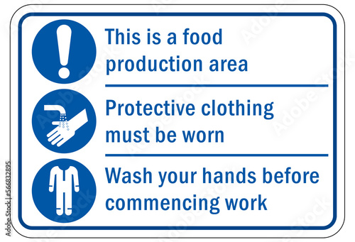 Protective equipment sign and labels food production area, protective equipment mus be worn, wash our hand