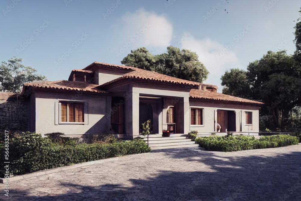 Front view of modern designed villa or residential house in tropical style, Generative AI illustration