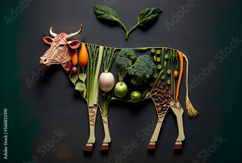 Plant-based meat created cow made of plants on dark background made with Generative AI technology