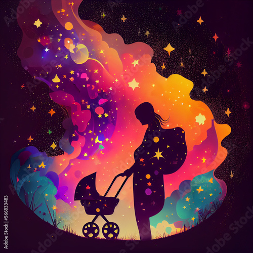 mom and baby in a stroller magic background © Is there a delight?