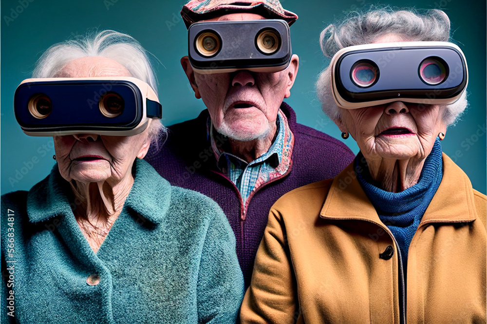 elderly people wearing virtual reality goggles. Ai generated