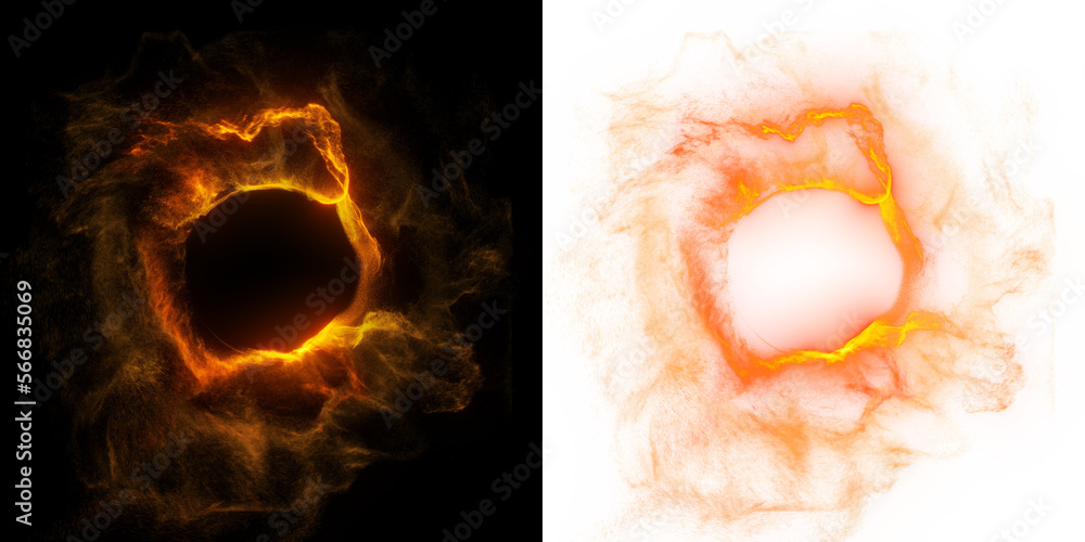 A flare radiates with a fiery energy, its bright light glowing with an abstract ring.  Ring of plasma and flame on black and transparent PNG background.  - obrazy, fototapety, plakaty 
