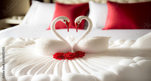 Fototapeta Naklejka Na Ścianę i Meble -  Two swans made from towels are kissing on honeymoon white bed. Valentine signature made from red rose flower on bed decoration in bedroom. Valentine background. honey moon. digital art