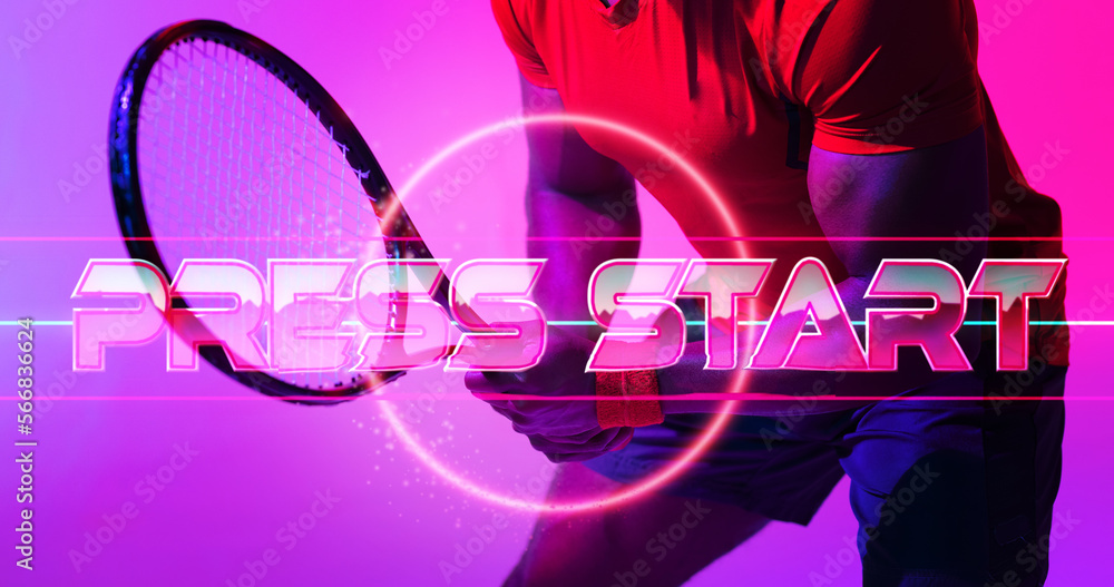 Φωτογραφία Midsection of african american male tennis player with racket by circle and pres