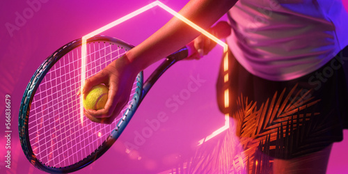 Illuminated hexagon and plants over midsection of african american female player serving ball