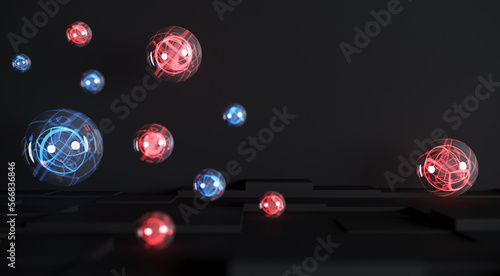 Abstract dark background with red and blue spheres. 3d rendering. Illustration with place for text.