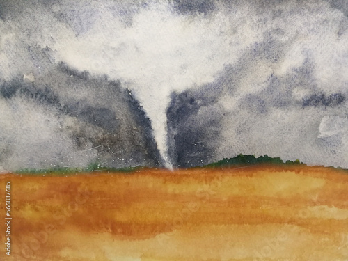 Watercolor hand drawn painting countryside desert field landscpae hurricane storm. 