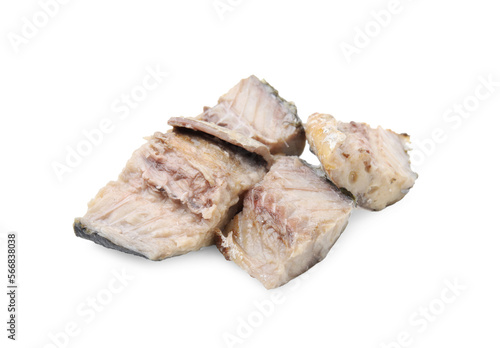 Delicious canned mackerel chunks on white background