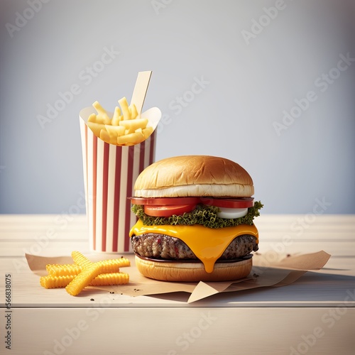 Front view tasty burger with cheese and fries on white background 