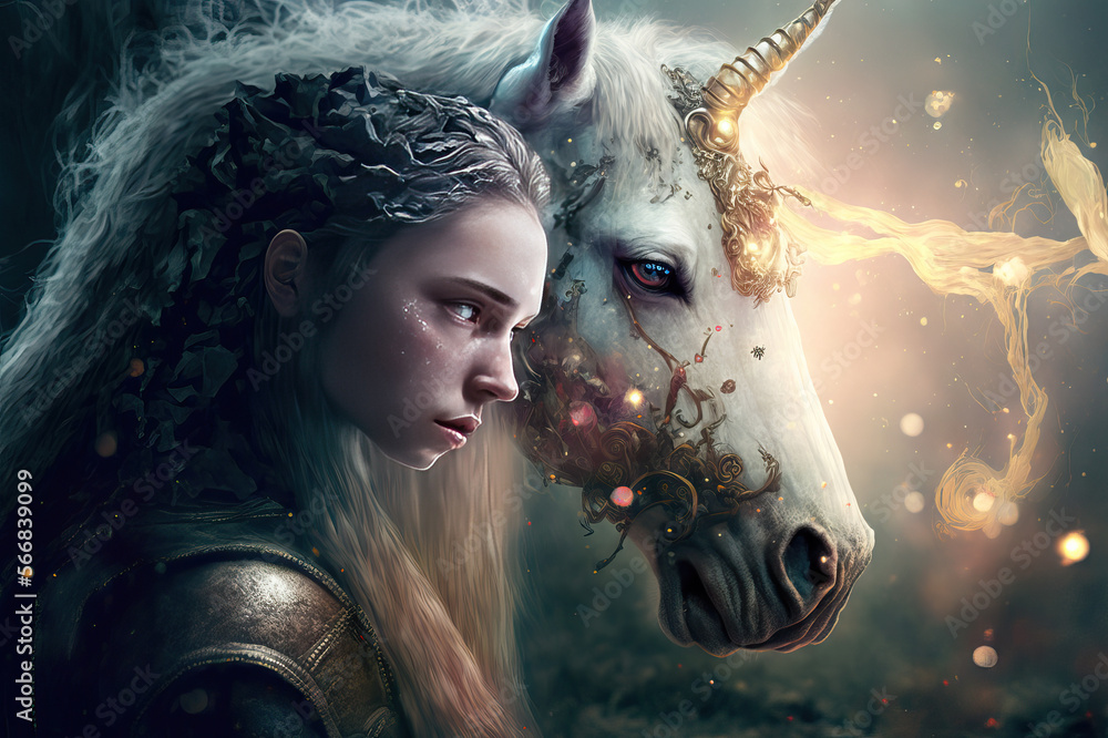 A fictional person, a beautiful storybook illustration of an enchanting woman and her majestic