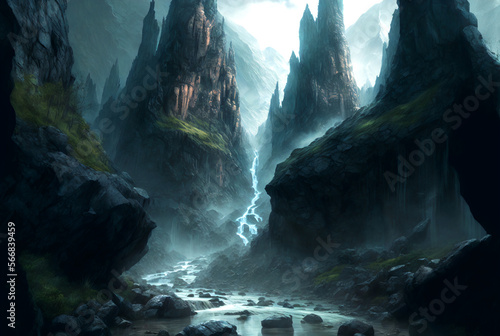 Fantasy mountains and waterfall scene AI Generative 