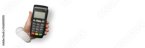 Man holds a payment terminal for cashless payments in his hand, on the white background.