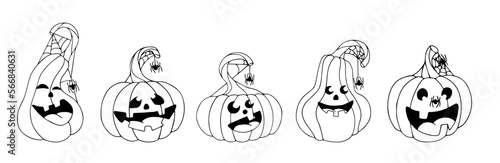 Linear sketches, coloring pages of funny autumn pumpkins for the Halloween holiday. Vector graphics.
