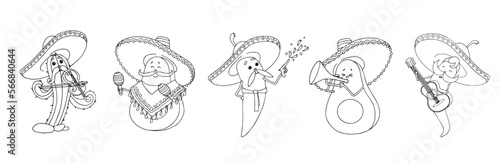 A set of sketches, coloring pages of Mexican characters Cinco de Mayo, chili and avocado, cactus playing musical instruments. Vector graphics.