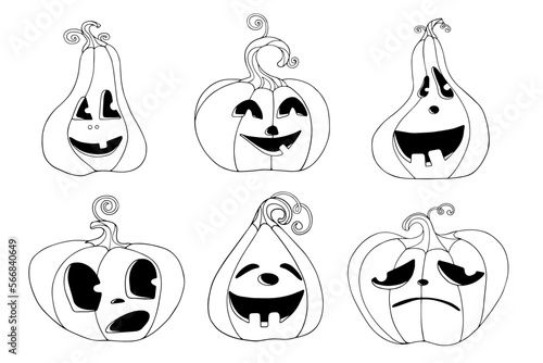 Linear sketches, coloring pages of funny autumn pumpkins for the Halloween holiday. Vector graphics.