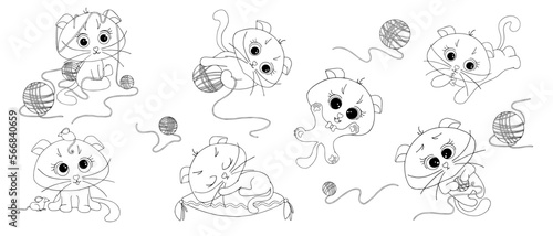 A set of linear sketches, children's coloring cute kittens.Vector graphics.