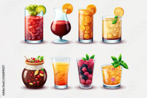 Sipping Sensations: An Illustration Set of Drinks and Cocktails. Generative AI