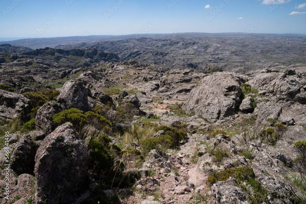 View of the rocky hills seen from the top of the rock massif Los Gigantes in Cordoba, Argentina.
