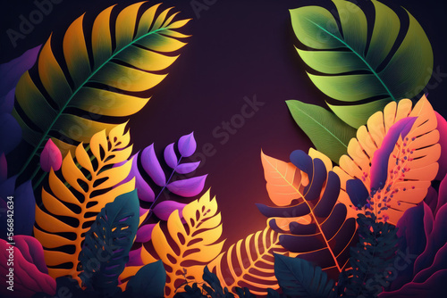 Abstract background with neon lights and a background of an empty area. leaves from the tropics in shadow. Generative AI