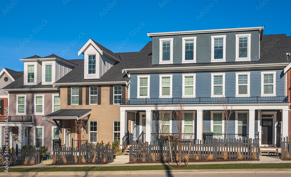 Fototapeta premium Residential townhouses. Modern apartment buildings in BC Canada. Modern complex of apartment buildings.