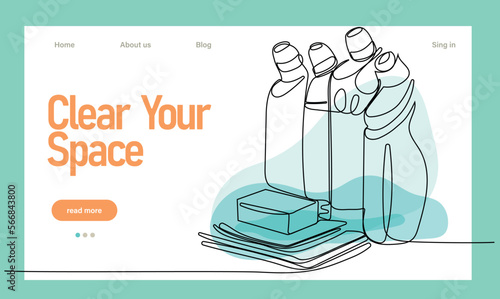 Home cleaning service landing page design concept, illustration of janitors with cleaning tools. Vector illustration