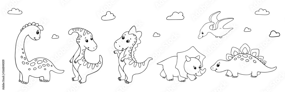 A set of linear sketches, coloring pages of cute dinosaurs. Vector graphics.
