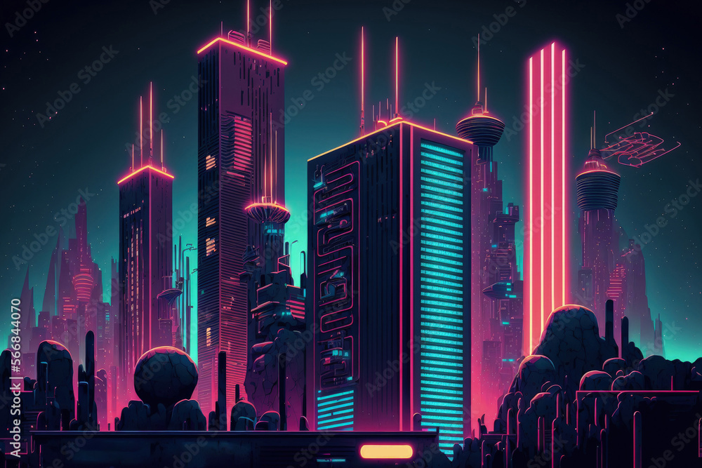 futuristic city at night. Cityscape with blazing neon lights against a ...