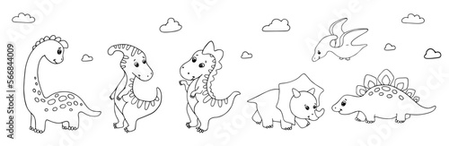 A set of linear sketches  coloring pages of cute dinosaurs. Vector graphics.