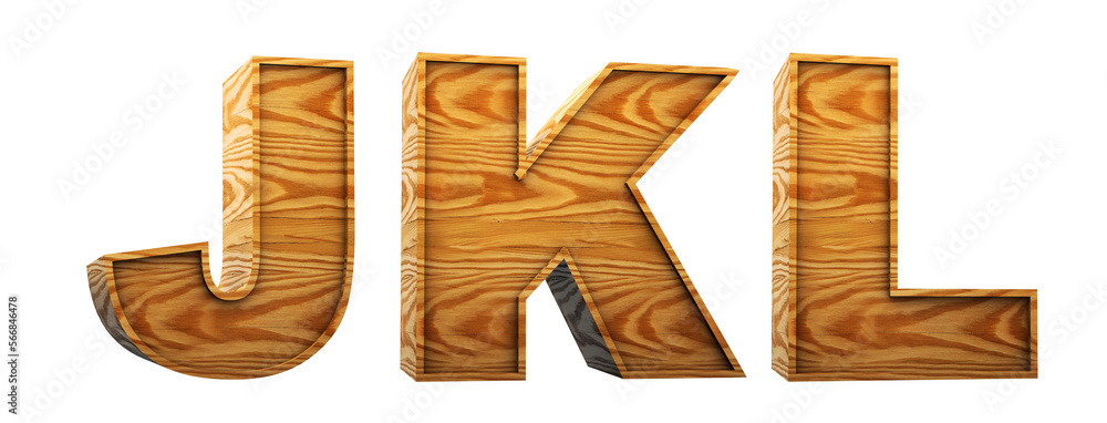 Fototapeta premium Wood alphabet. Letters j, k, l, in 3D Render wood. Path save.