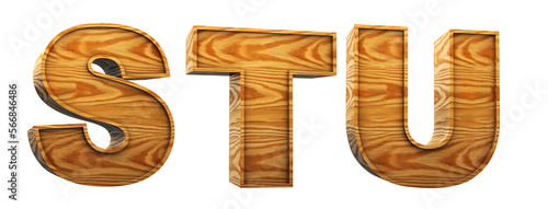 Billede på lærred Wood alphabet. Letters s, t, u in 3D Render wood. Path save.