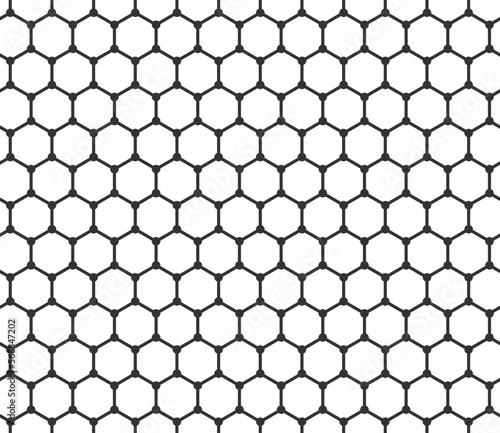 Seamless pattern with graphene structure. Carbon atoms arranged in a 2d hexagonal lattice. Background with a honeycomb pattern.