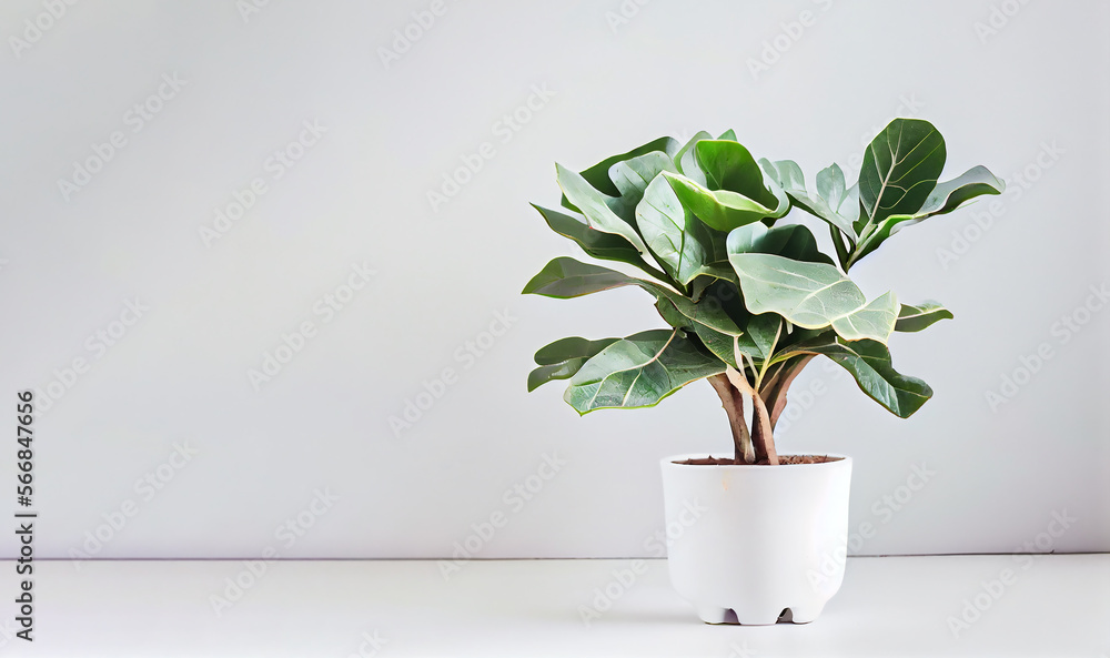 Fiddle-Leaf Fig Tree in white pot on white table. Generative AI. Fiddle-Leaf Fig Tree in white pot on white table. Generative AI.