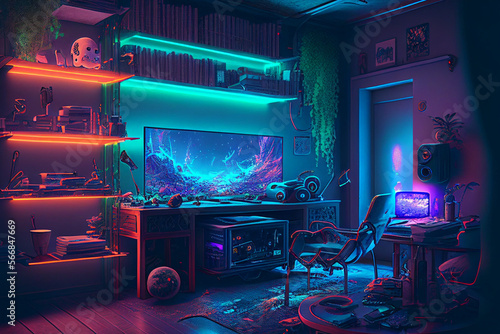 gaming room, setup, desk, rgb, colorful, modern
