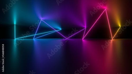 Sci Fy neon glowing wave lines in a dark hall. Reflections on the floor and ceiling. 3d rendering image. Abstract glowing lines. Techology futuristic background.