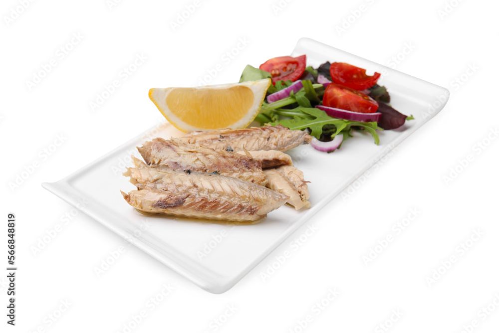 Plate with delicious canned mackerel fillets, lemon and salad on white background, closeup