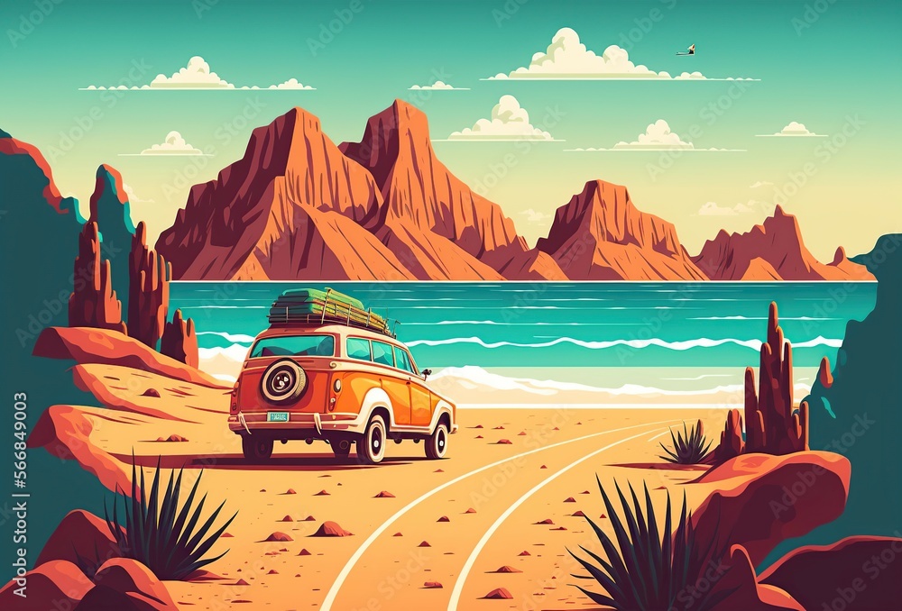 cartoon illustration, car on the road to the beach, generative AI