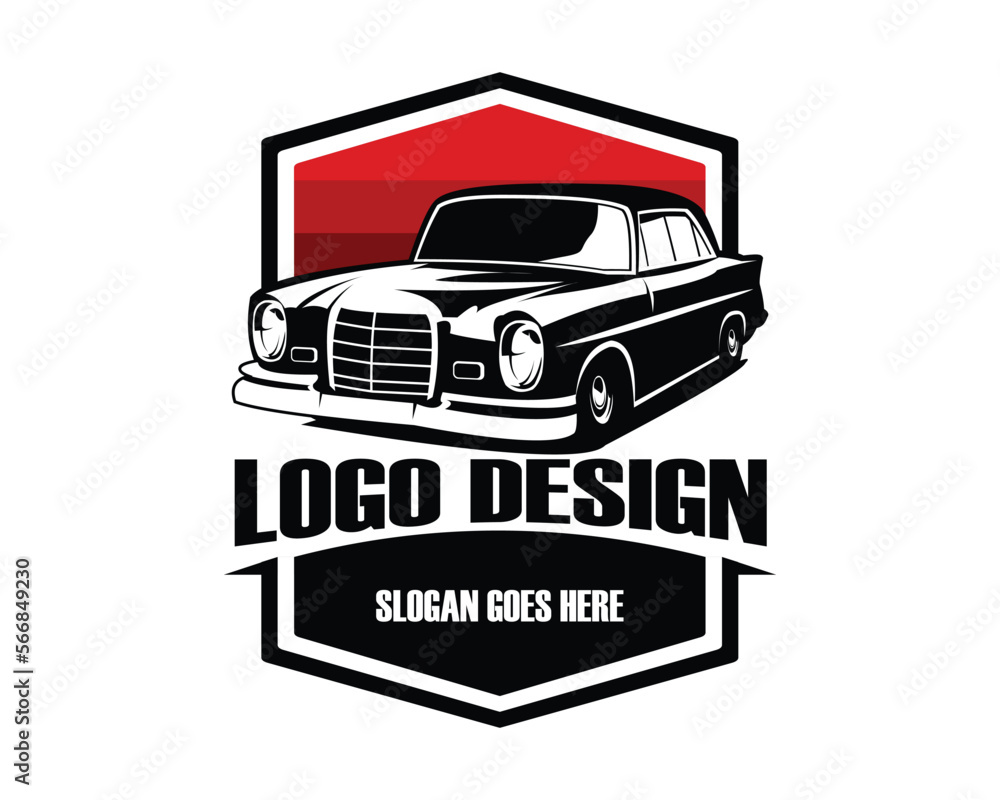 luxury vintage car logo seen from front. amazing sunset view design. vector illustration available in eps 10.