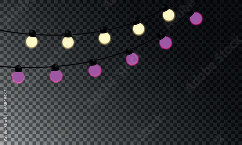 Yellow and purple light bulbs on wire strings. Realistic vector illustration. Glowing decorative lamps isolated on transparent background. Design elements for postcards, invitations, banners.