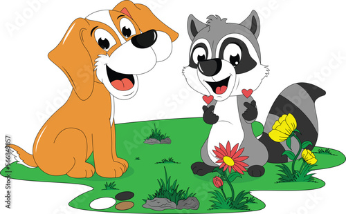 cute dog and racoon illustration