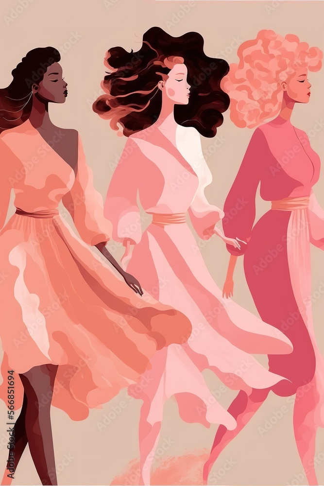 Vertical banner of stylish empowered women walking together. Women's international day concept. Generative AI Vertical illustration