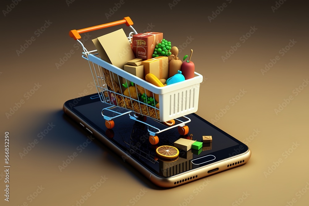 Buying groceries online concept. Mobile app and e-commerce shopping. Generative AI illustration - obrazy, fototapety, plakaty 