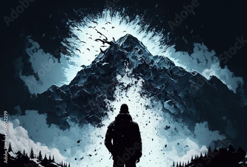 Man's silhouette watching huge avalanche coming to him. Generative AI illustration