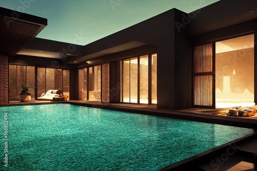 Luxury with tropical Jungle villa resort luxurious swimming pool. Generative AI illustration © Interior Stock Photo