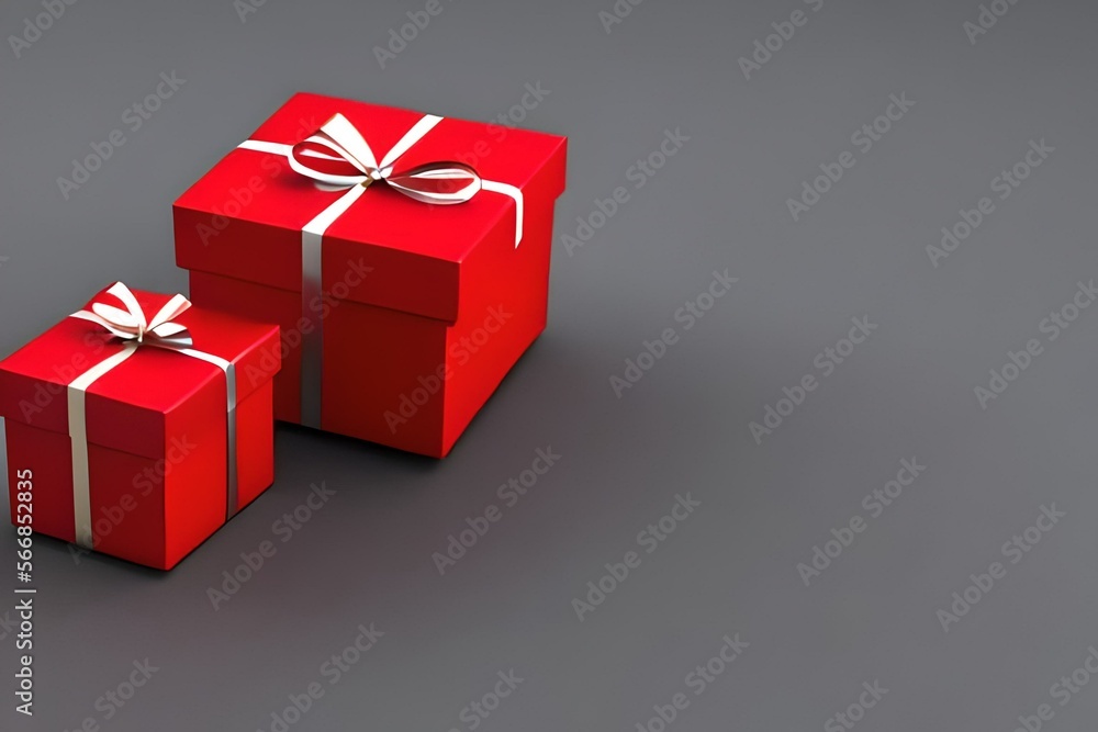 Fototapeta premium two red gift boxes, different sizes, with silver ribbon, positioned on one side in the image, gray background. Generative Ai