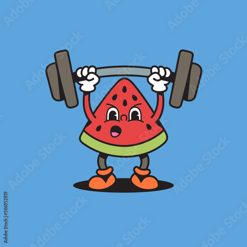 Watermelon weightlifting retro cartoon character
