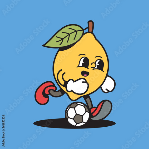 Lemon playing soccer retro cartoon character