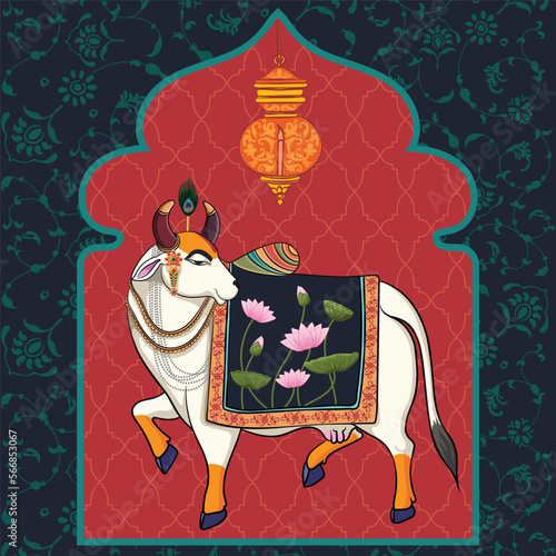 Indian Traditional Cow in Rajasthani Painting with lotus and leaf design Decors