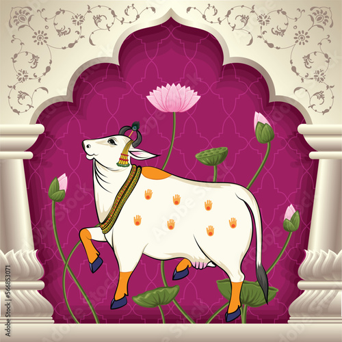 Indian Traditional Cow Painting with lotus and leaf designs