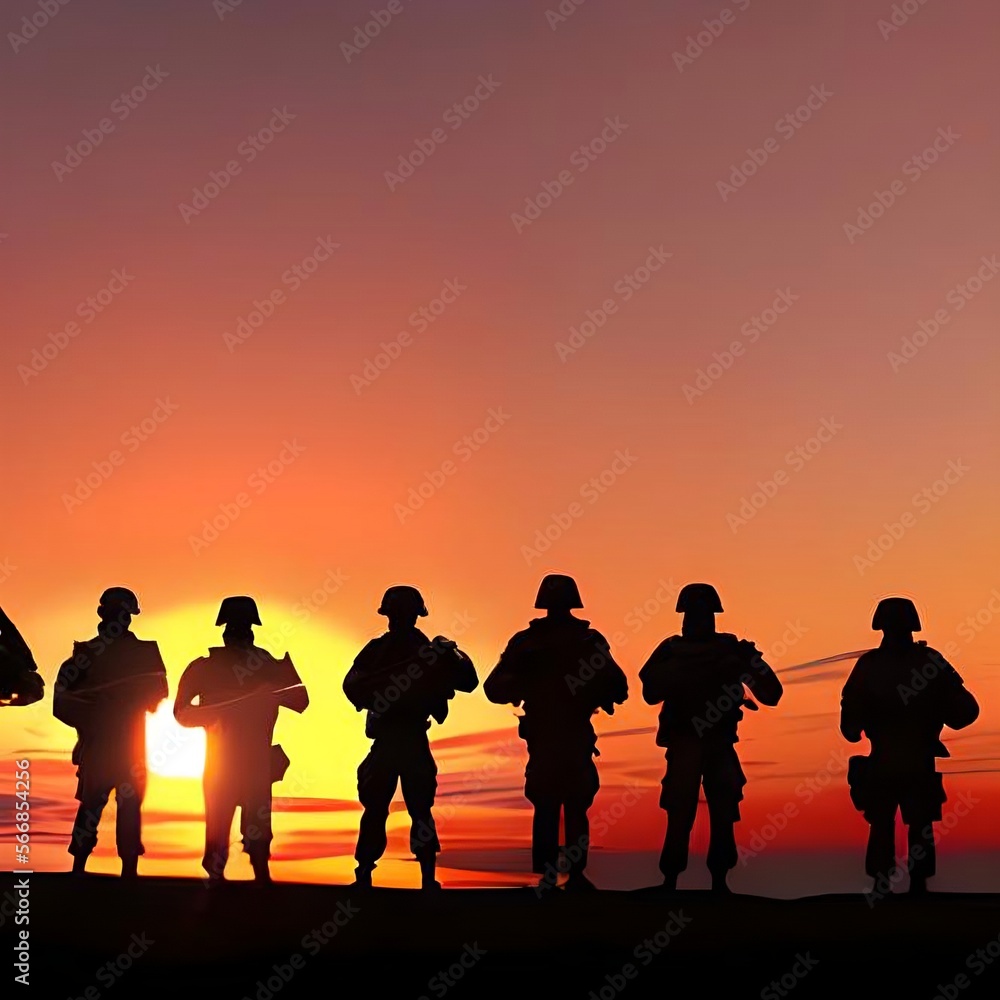 Army background, soldiers silhouettes, dusk.