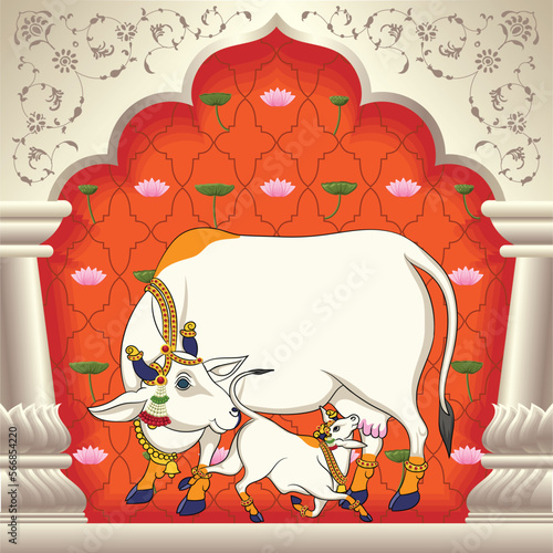 Indian Traditional Cow and calf Painting with lotus designs